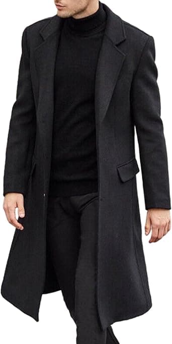  Men's Casual Trench Coat Slim Fit Notched Collar Long Jacket Overcoat Single Breasted Pea Coat wih Pockets