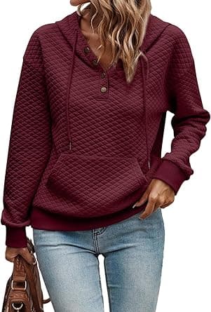 Women's Hoodies Casual Long Sleeve Quilted Half Button Drop Shoulder Pullover Tops